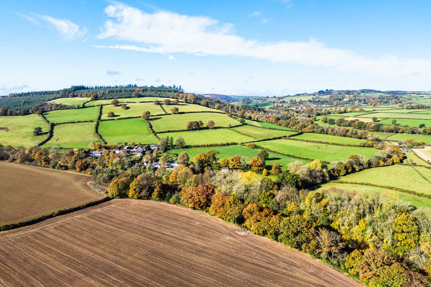 Fields and Farms over River Usk from a drone, Brecon, Brecon Bea