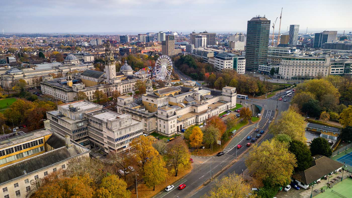 Aerial view of the city of Cardiff, Wales with beautiful autumn