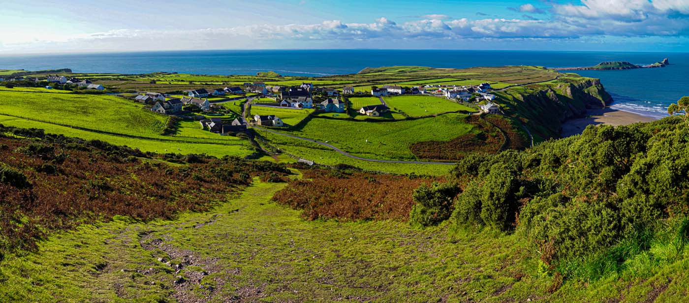 Gower Peninsular Rhossilli Bay Panoramic with Green Hills surrou