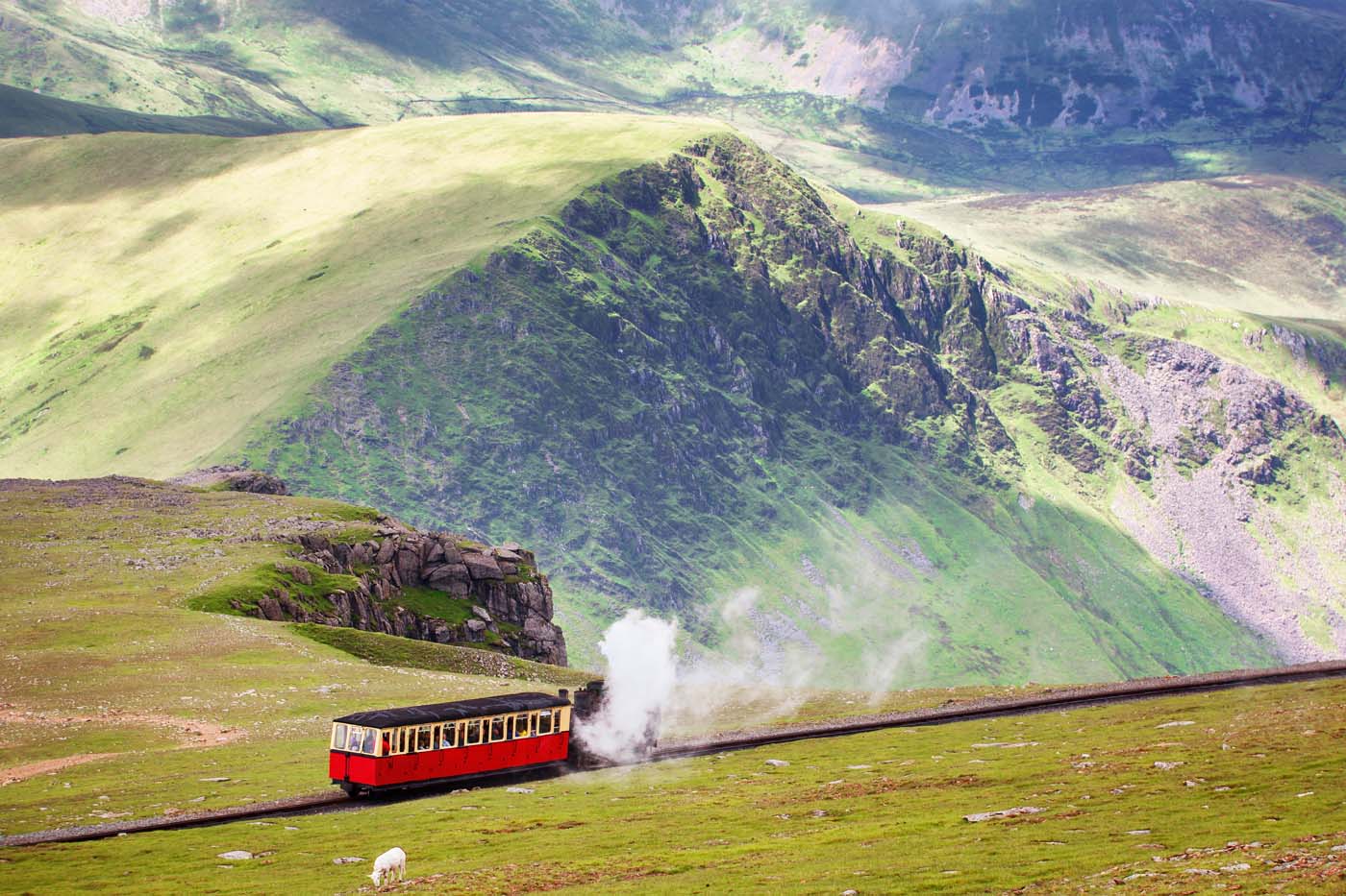 Mountain railway, Snowdonia, North Wales. The steam train runs f