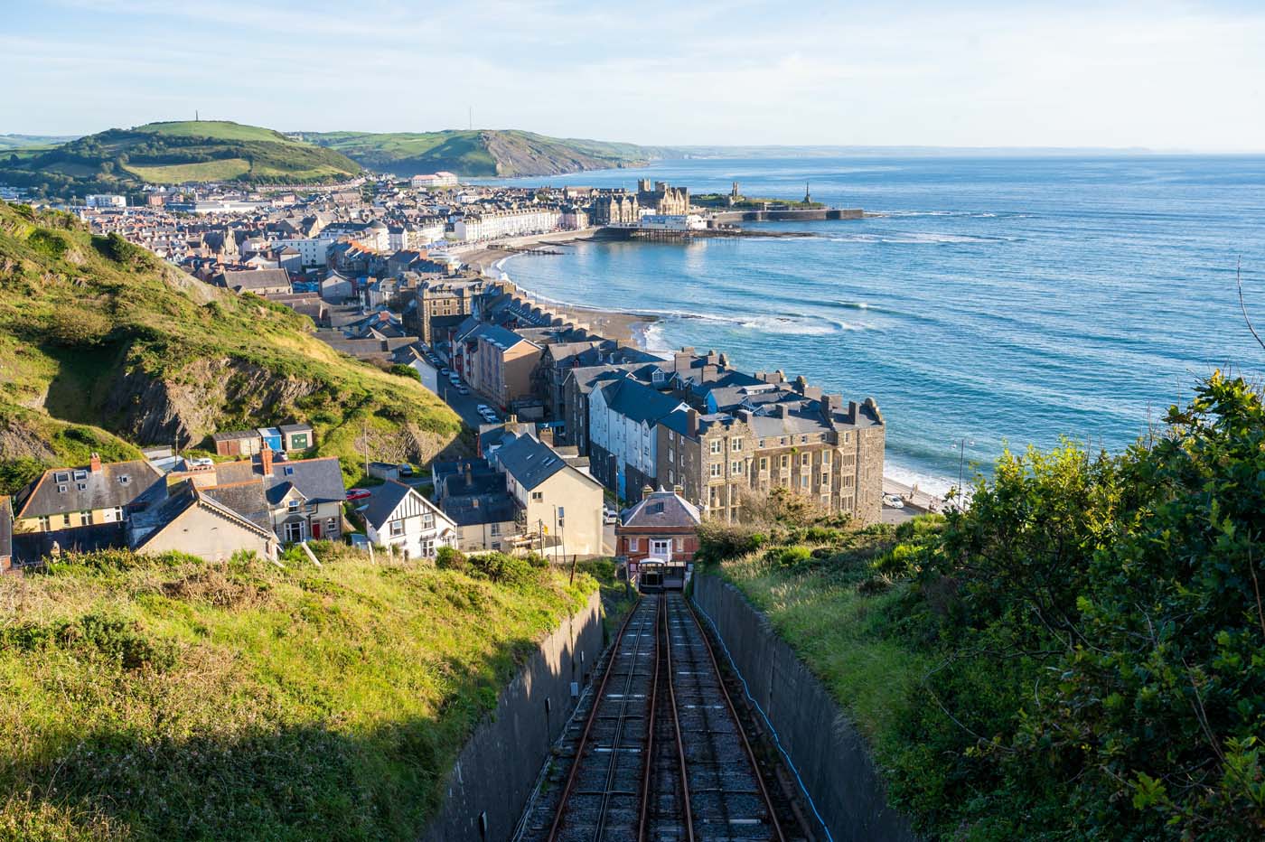 Railroad taking to Aberystwyth town of Wales with a view of the